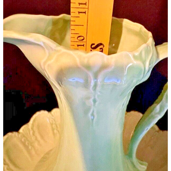 Victorian Style GREEN Ornate Ceramic Pitcher with Wash Basin Hand Painted - Picture 10 of 11